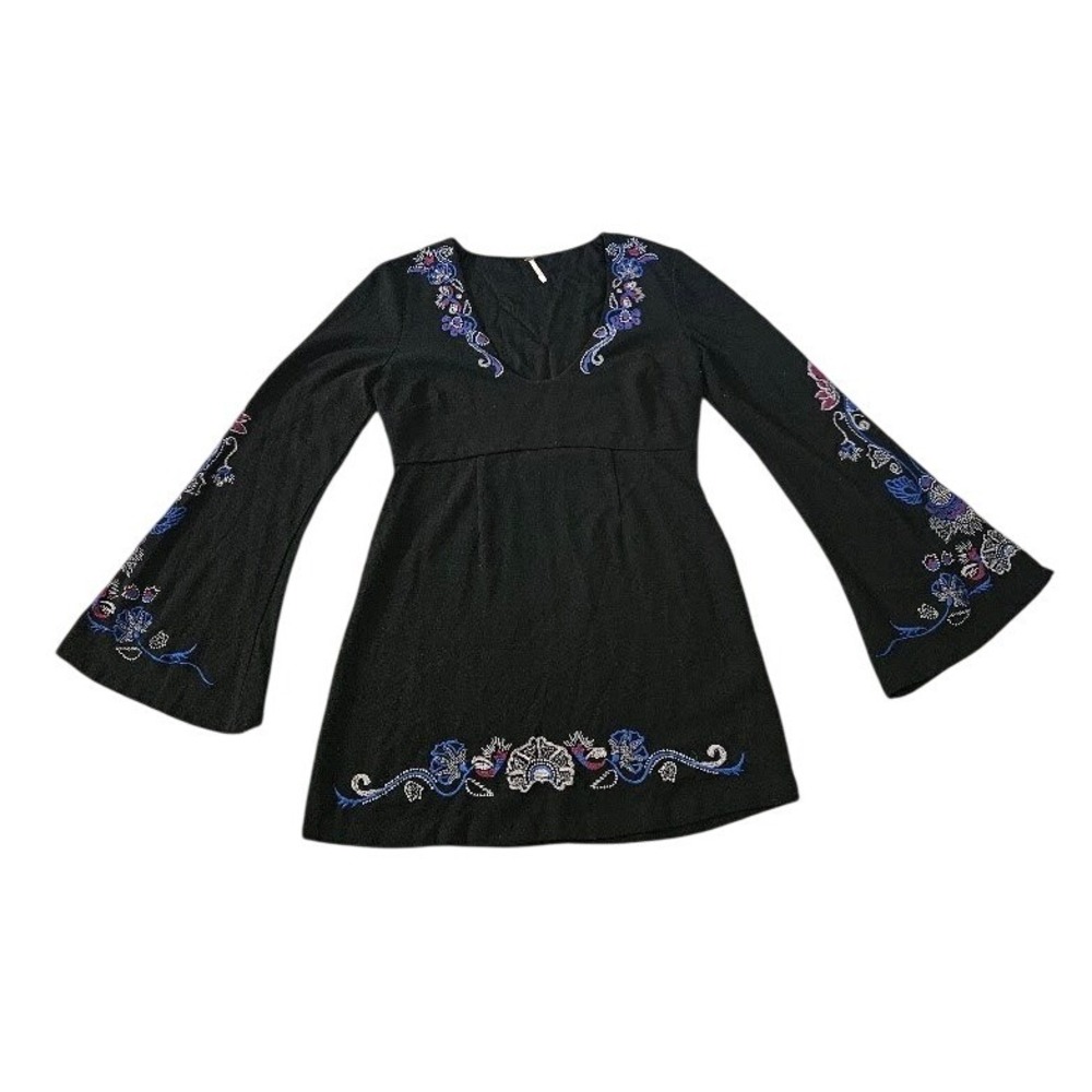 Free People Holiday Folk Mini Dress Women Size 6 Black Embroidered Bell Sleeve